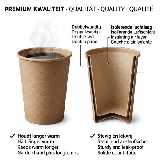 Bruine kartonnen beker met koffie, met doorsnede die de dubbelwandige isolatie laat zien.