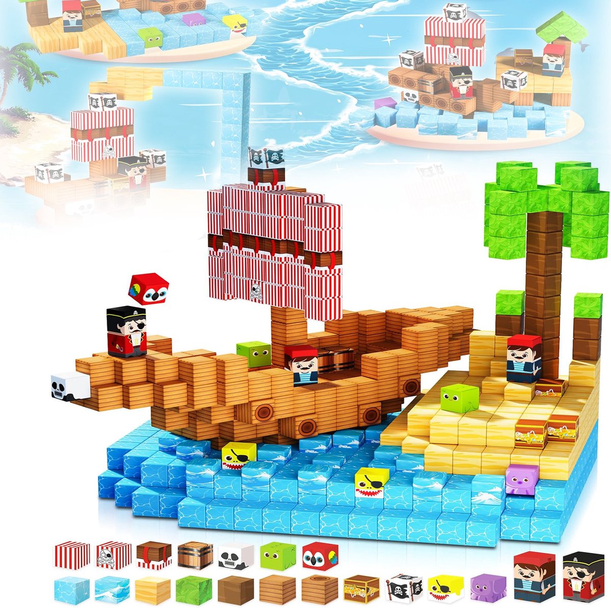 100-Delige Magnetische Bouwset Voor Kinderen - Zee Avontuur Thema Creatief STEM-Spel - Bouw Een Boom Boot En Schat Duurzaam En Veilig - Ideaal Cadeau Voor Jongens En Meisjes