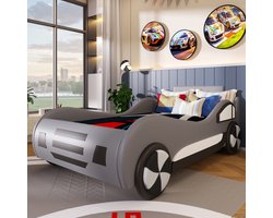 OKWISH Kinderbed 90x200 cm - Autobed Met Lattenbodem en Hydraulische Opbergruimte - Eenpersoonsbed Zonder Matras - MDF en Kunstleer - Grijs