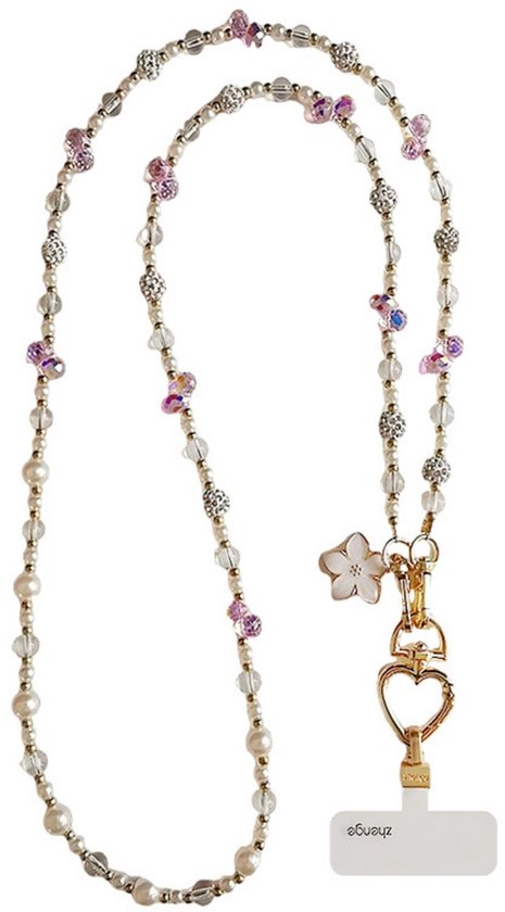 Lanière de téléphone avec perles, cristaux et un pendentif cœur avec une fleur.