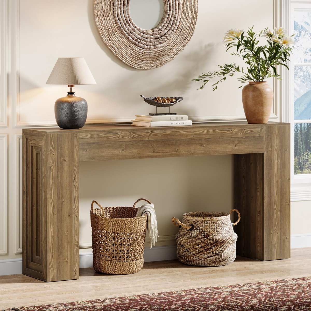 LITTLE TREE Smalle Wandtafel - 160 x 30 x 80 Cm - Landhuis Stijl Consoletafe - Natuurbruin - Voor Woonkamer Hal Entree