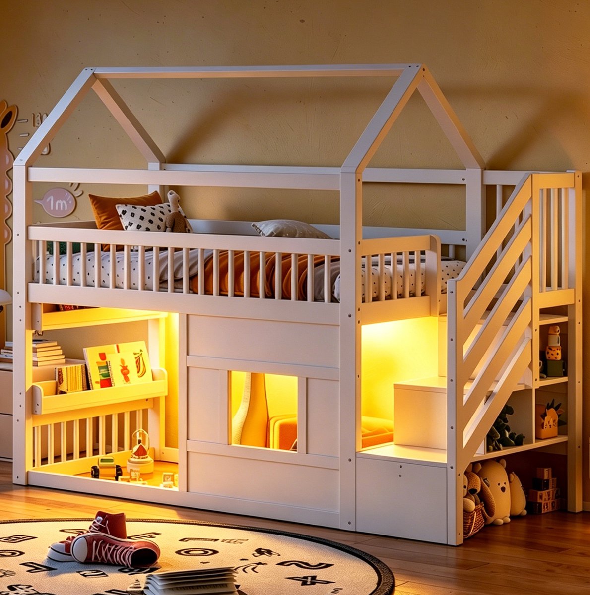 STILVORA Hoogslaper 90x200 cm – Huisbed Met Opbergtrap En Ledverlichting – Met Veiligheidshek – Kinderkamer – MDF En Hout – Wit – Zonder Matras