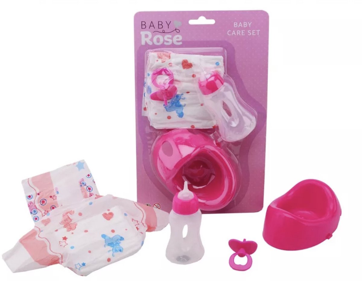 John Toy Baby Rose 4-delige verzorgset - luier, flesje, speentje en potje - funcadeau schoencadeau - kerst cadeau tip