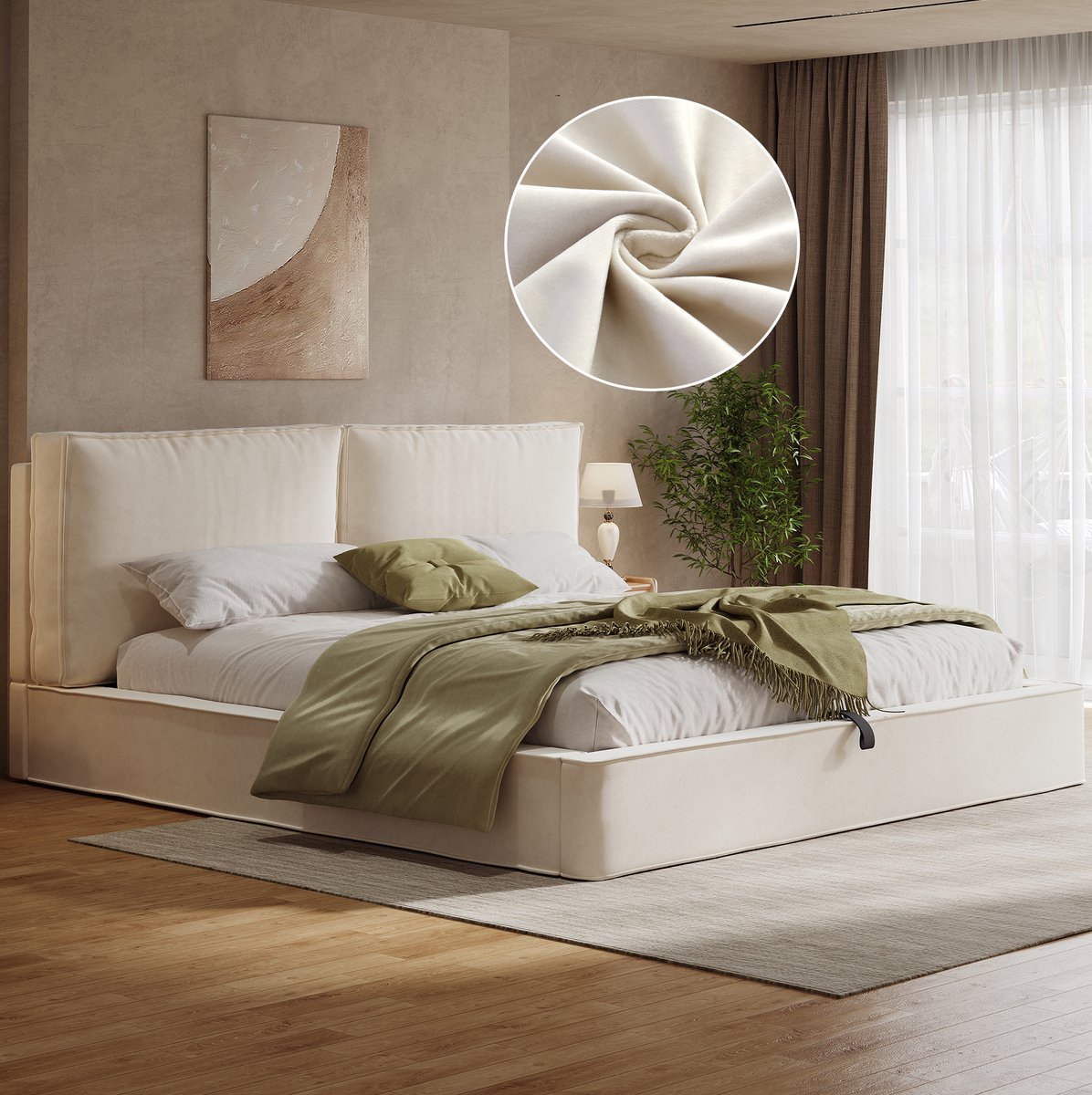 STILVORA Bed 180x200 cm – Hydraulische Opbergruimte – Met Lattenbodem En Gevoerd Hoofdbord – Tweepersoons Fluwelen Bed – Zonder Matras – Beige