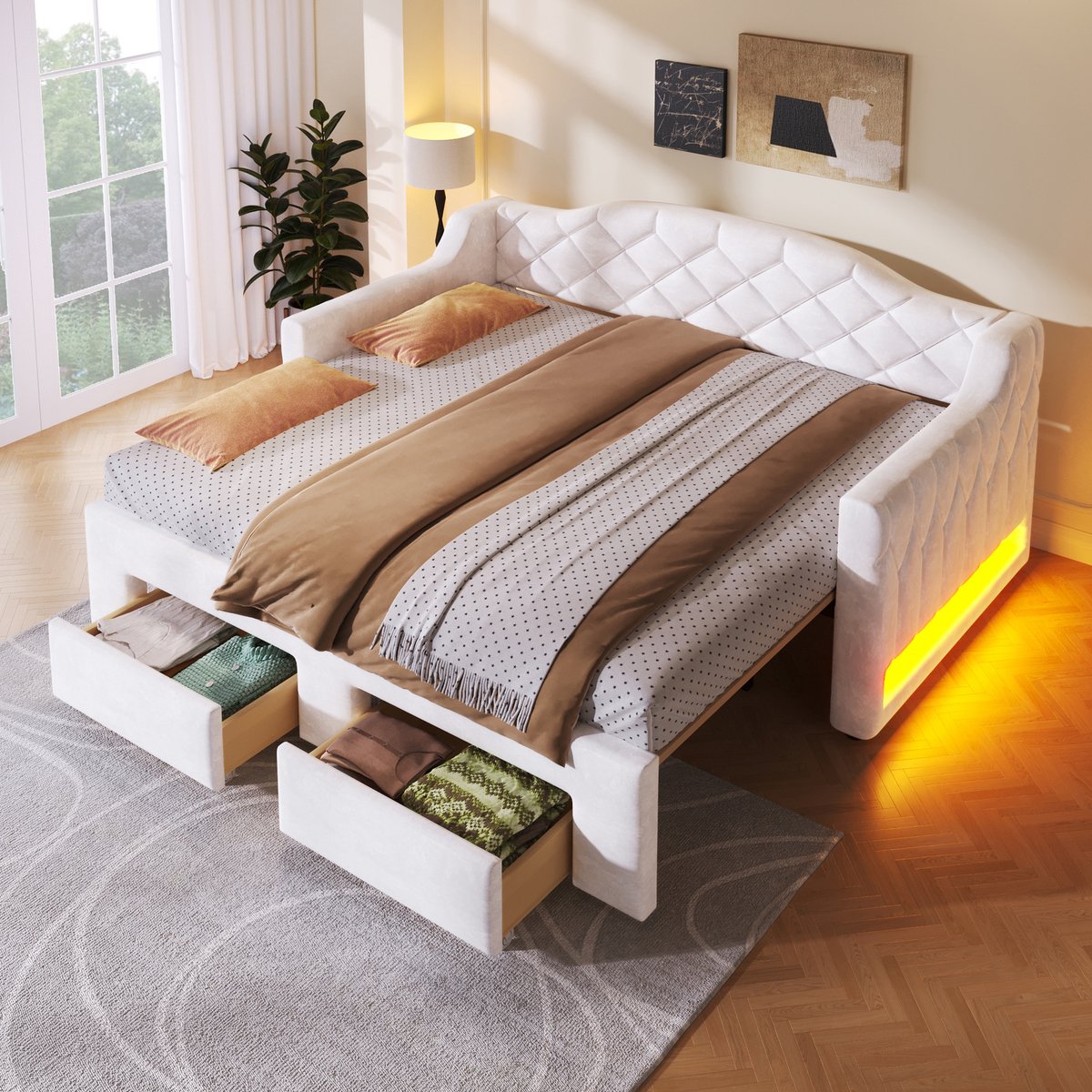 TRUVIX Daybed Slaapbank 180x200 cm - Wit - LED-Verlichting, Lades, Uitschuifbaar, Met Wielen, Opbergruimte - MDF