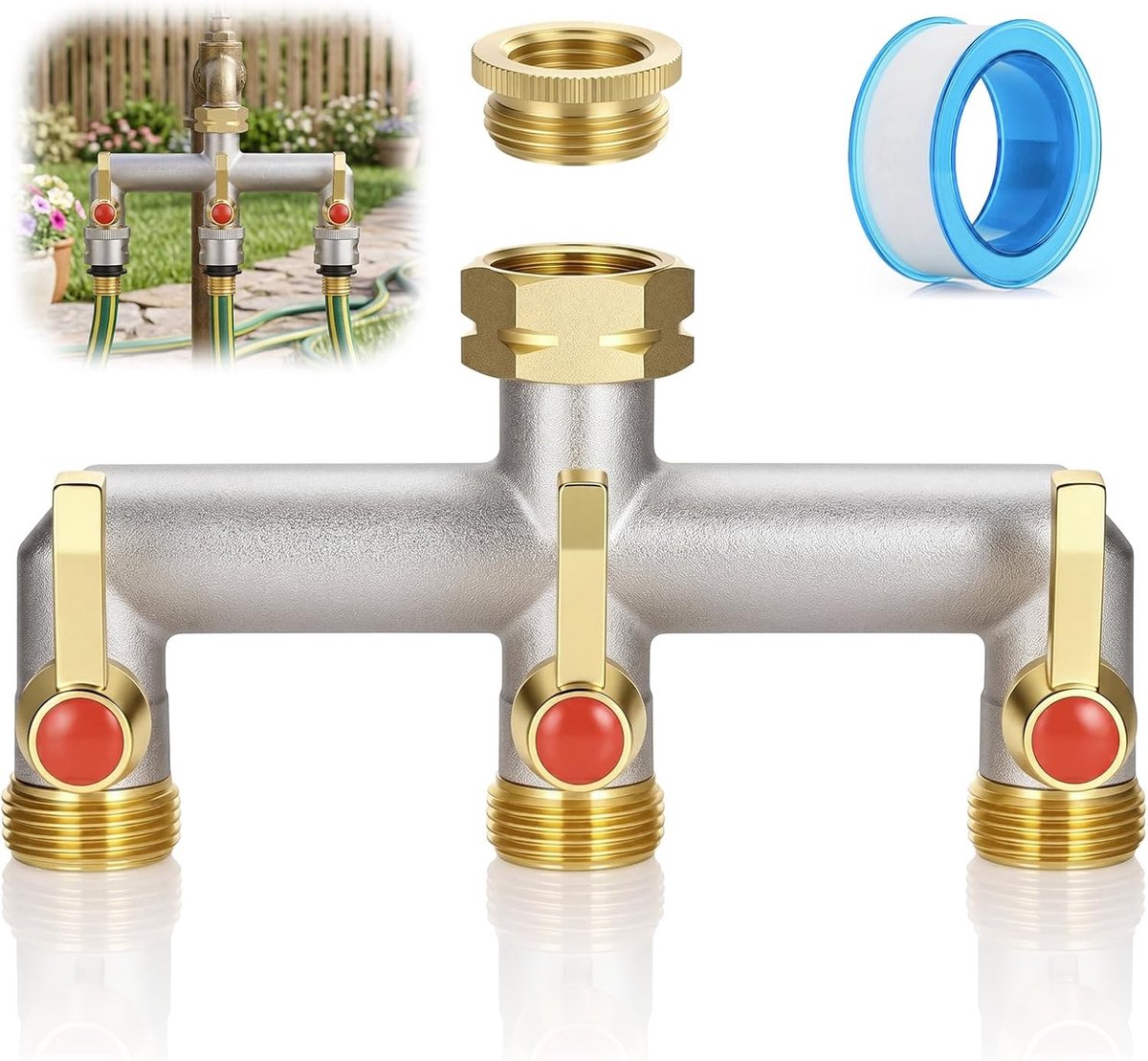 3-weg waterverdeler van messing met verlengde handgreep, ideaal voor huis, tuin en wasmachine, inclusief adapter van 1/2 inch naar 3/4 inch voor optimale aansluiting