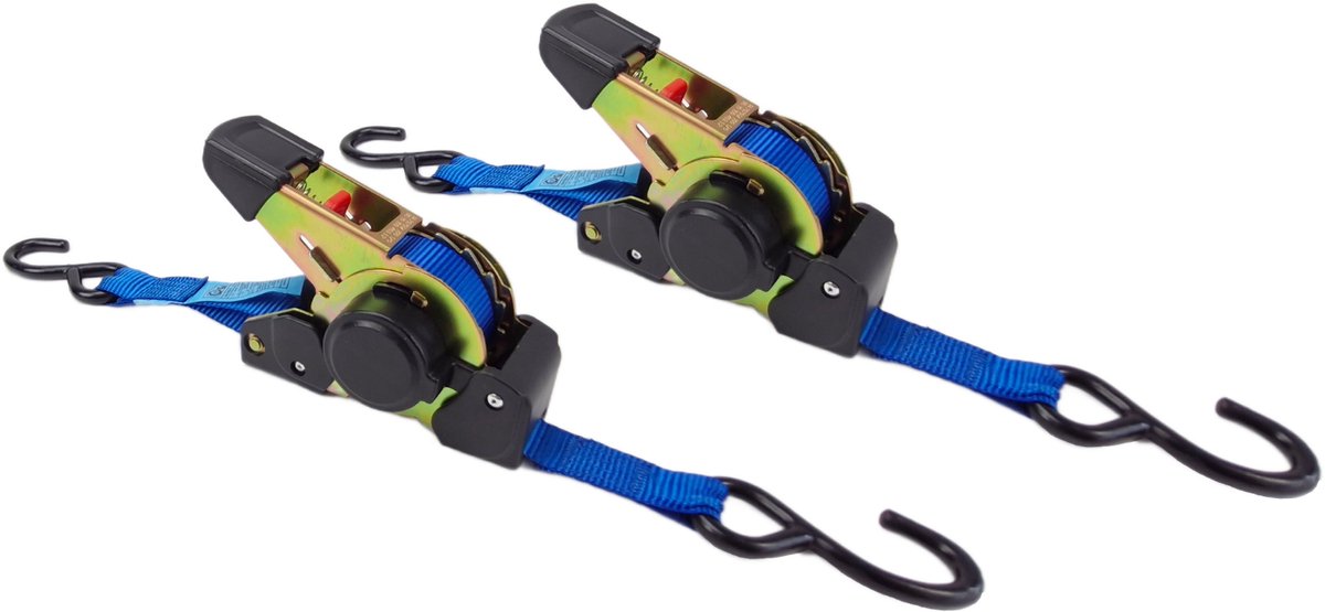 BCF-Products Automatische spanband - met S haken - 3.5 meter - Blauw - 2 stuks - Zelfoprollend - 25mm