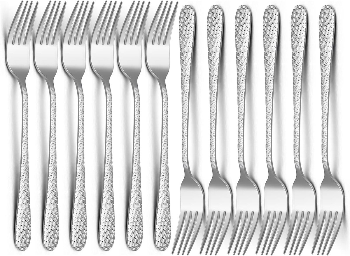Thijox - 12 Stuks Roestvrijstalen Tafelvorken Set, Elegant Gehamerde Handgreep, Hoge Glans Gepolijst, Perfect voor Thuis, Feest, Restaurant, Bruiloft,