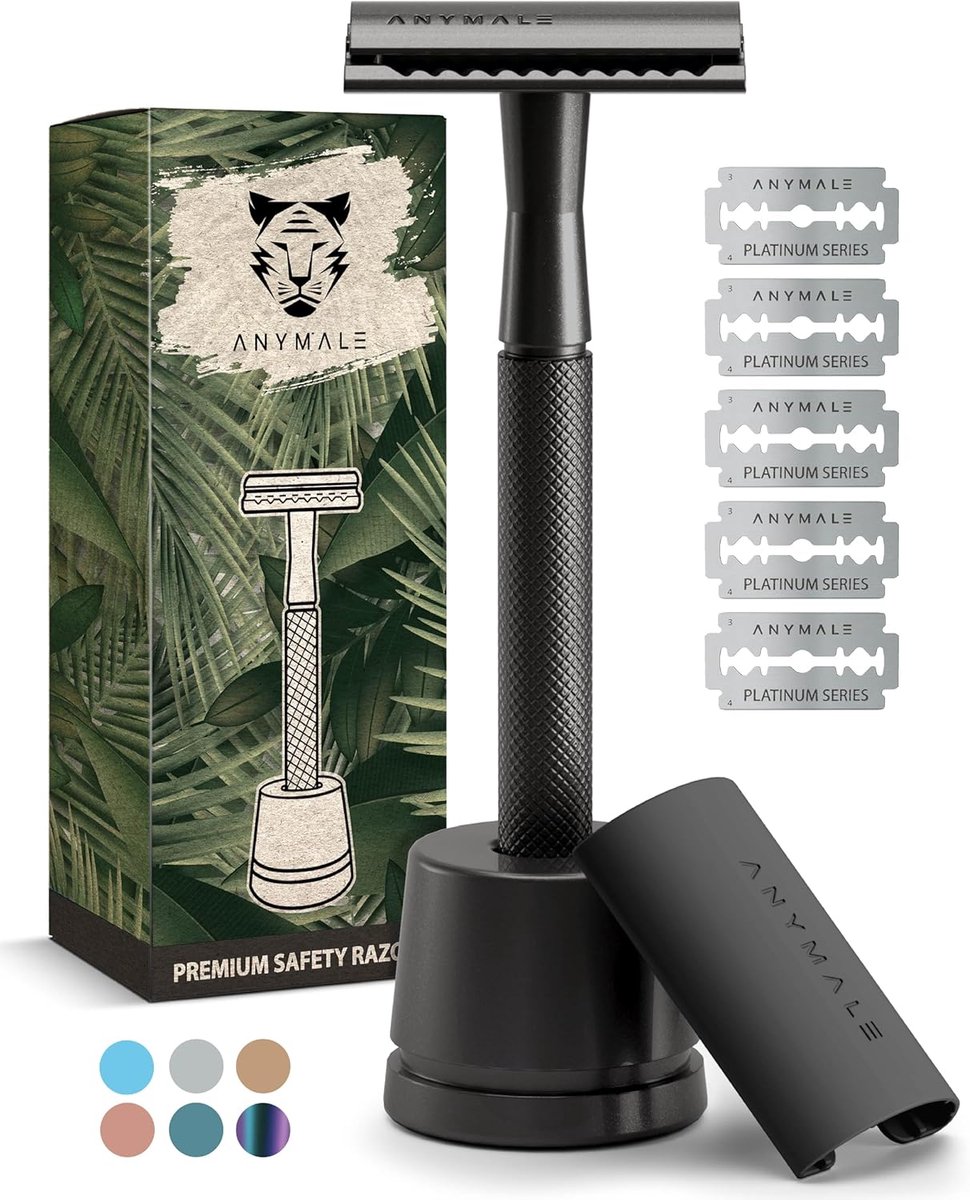Thijox - Black Edition Scheermes met Standaard en 5 Astra Messen, Duurzaam Zero Waste Scheerapparaat voor Dames en Heren, Hoogwaardige Kwaliteit, Idea