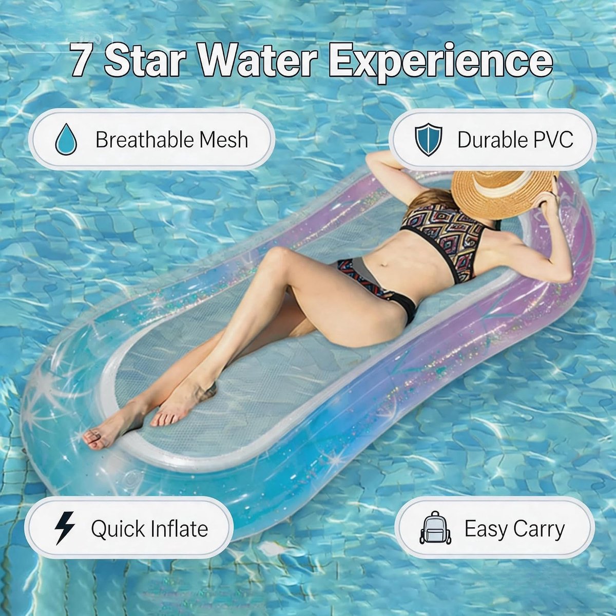 SnelShoppen - Opblaasbare Water Hammock - Luxe Pool Hammock met Hoofdeinde - Water Luchtmatras met Net voor Kinderen en Volwassenen - Perfect voor Zom