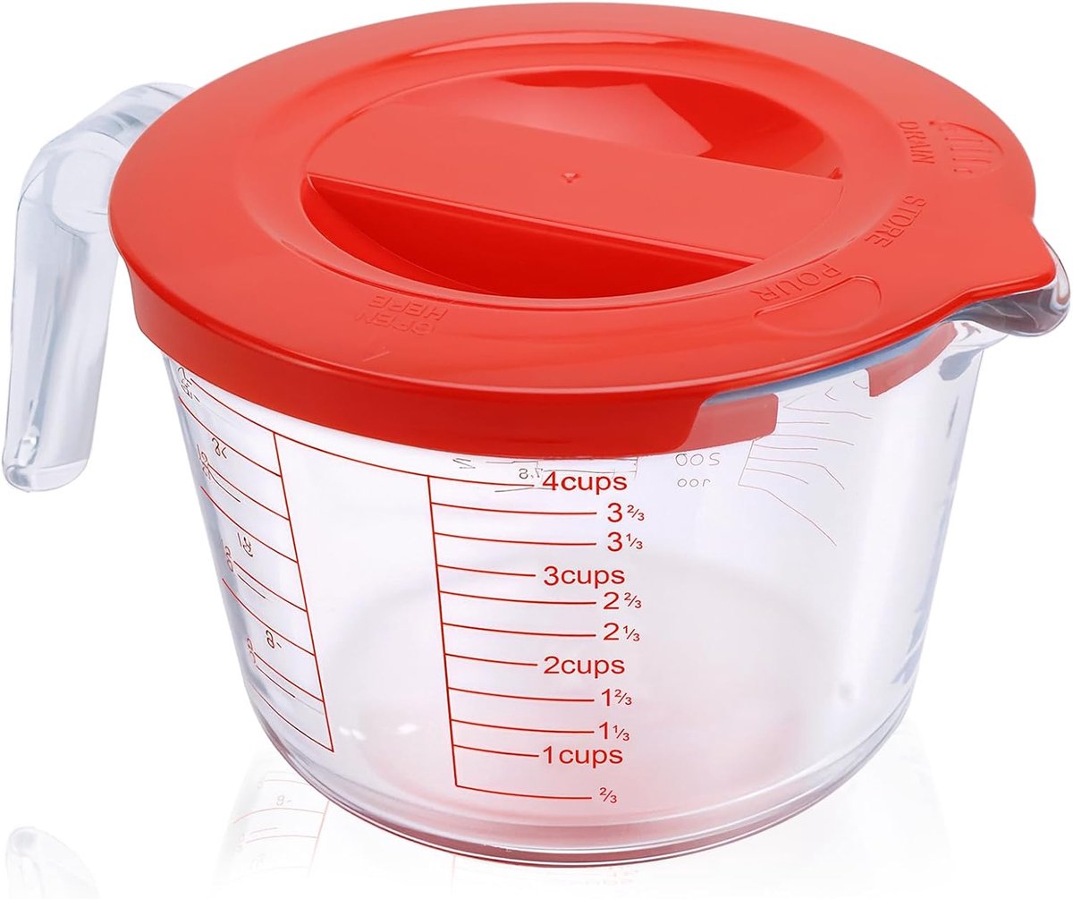 Thijox - Maatbeker van Glas met Deksel 1 Liter - Hittebestendig, BPA-vrij, 4 Nauwkeurige Schalen (L/dL/OZ/cups), Drie Soorten Uitloopstukken - Ideaal