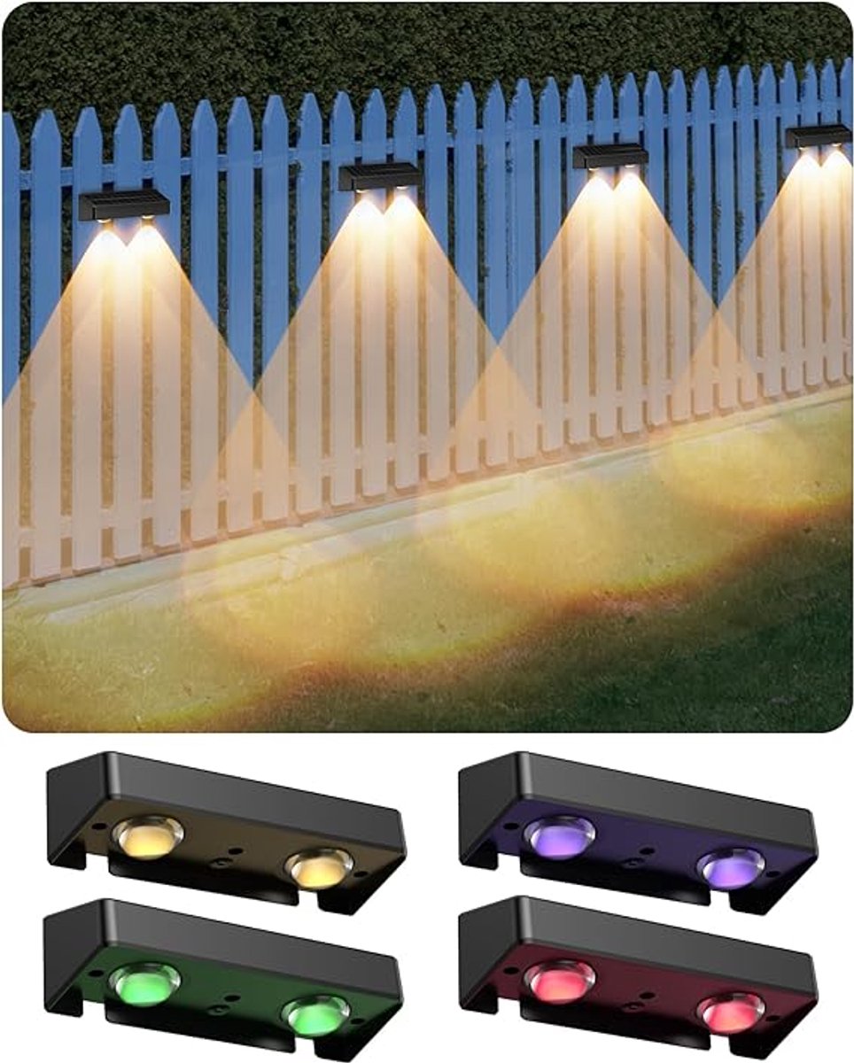 RGB Solar Wandverlichting Set Van 4 - Zonne-energie Buitenlampen Met 8 Kleuren En 5 Lichtstanden - 24 Uur Batterijduur - IP65 Waterdichte LED Muurverlichting Voor Tuin, Terras, Schutting En Tuindecoratie