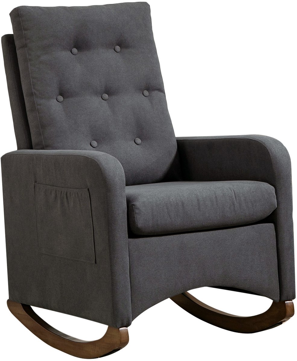 Schommelstoel Stoffen Bekleding - 66x65x86cm - Fauteuil Lounge - Relaxstoel - Leesstoel Met Zijvak - Hoge Rugleuning - Houten Poten - Voor Woonkamer En Slaapkamer - Grijs