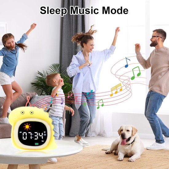 Kids Alarm Clock, Sunrise Alarm Clock with Night Light, LED Display Clock with Sleep Music Soothing Sounds, Snooze Function, 12/24H, 5 Adjustable Brightness for Bedroom, White Dinosaur — afbeelding 4