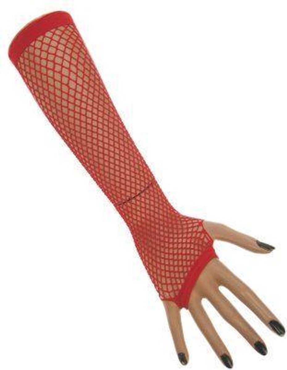 Vingerloze net handschoenen lang rood