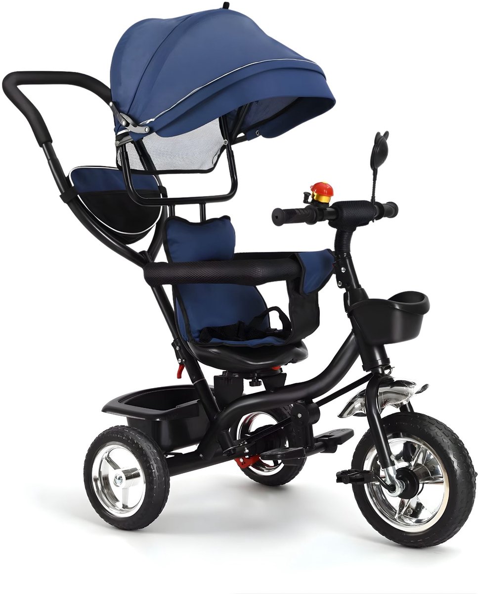 Driewieler Kinderfiets - Verstelbaar met Duwstang en Opbergmand - voor baby's en kinderen 1-5 jaar - Donkerblauw - Roze