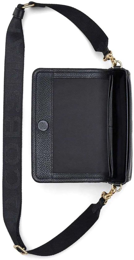 Open zwarte leren Mini Bag van Marc Jacobs, met stoffen draagband met logo.
