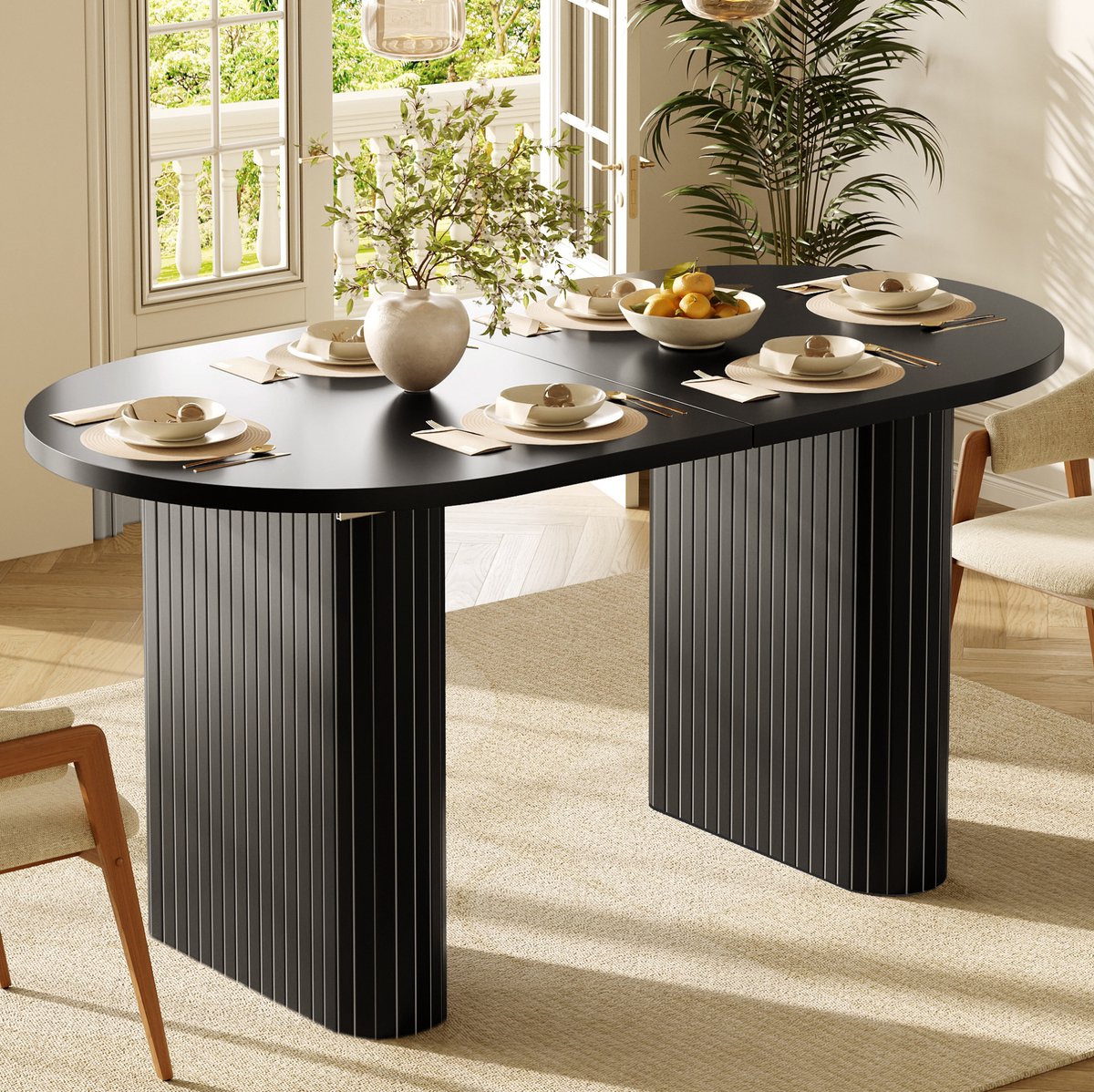 COVREO Eettafel 120-160 x 80 x 75,5 cm - uitschuifbaar, ovaal, MDF en metaal, zwart