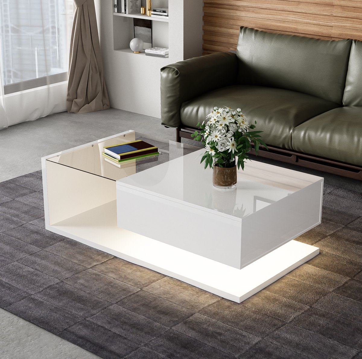 COVREO Salontafel 105x55x32,5 cm - hoogglans wit, glas, LED-verlichting, opbergvak
