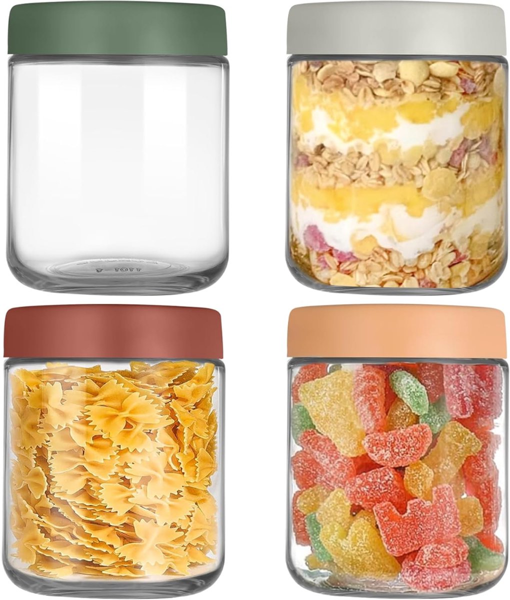 SNJY® Overnight Oats Potjes - Glazen Potjes met Deksel - Mason Jar - Weckpot - 4x500ml - Doorzichtig