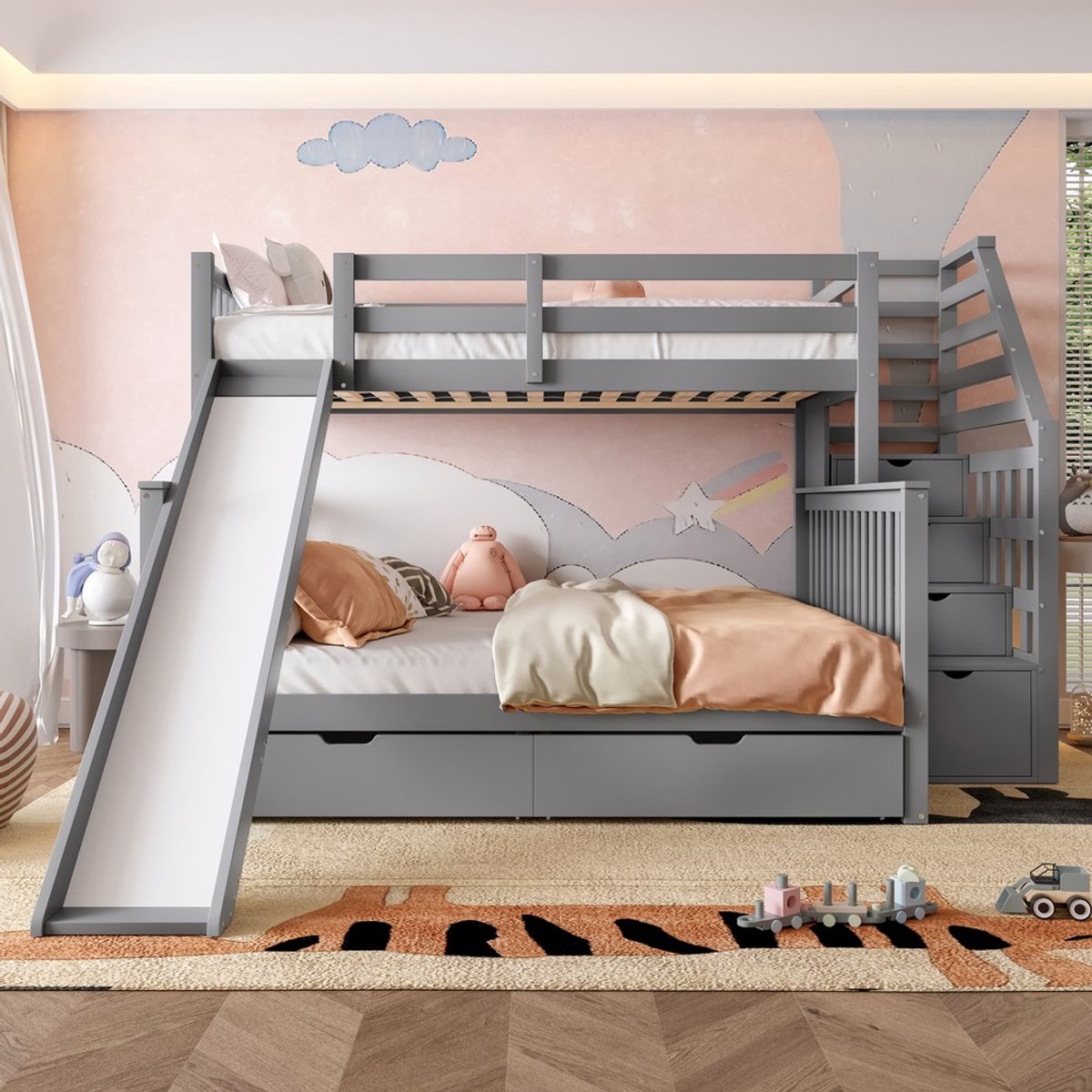 KOMHTOM - Stapelbed - 90 x 200 boven 140 x 200 - Lades en opbergruimte - Glijbaan - Grijs