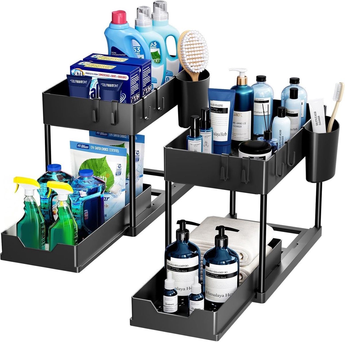 Thijox - Opbergrek voor onder de gootsteen, multifunctioneel keukenopberger met uitschuiflade, 2 niveaus, zwart, ideaal voor badkamer, aanrecht en was
