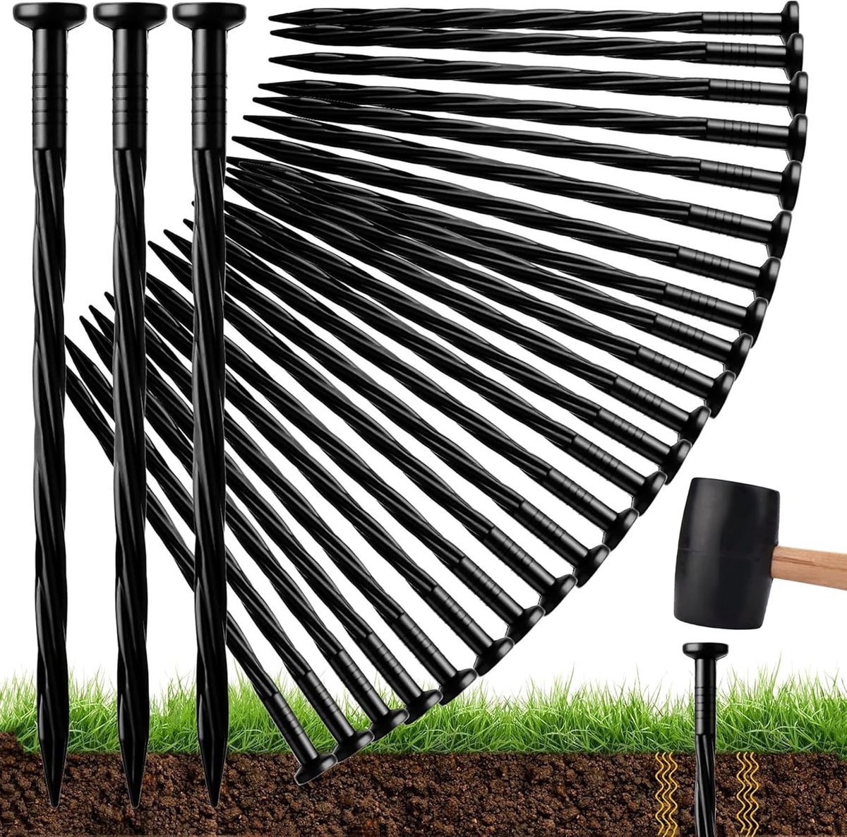 SnelShoppen - 50 Stuks Plastic Grondpinnen 20cm, Zwarte Spiraal Tuinpinnen voor Borderrand, Kunstgras, Worteldoek, Tent, Gronddoek en Tuinrand Bevesti