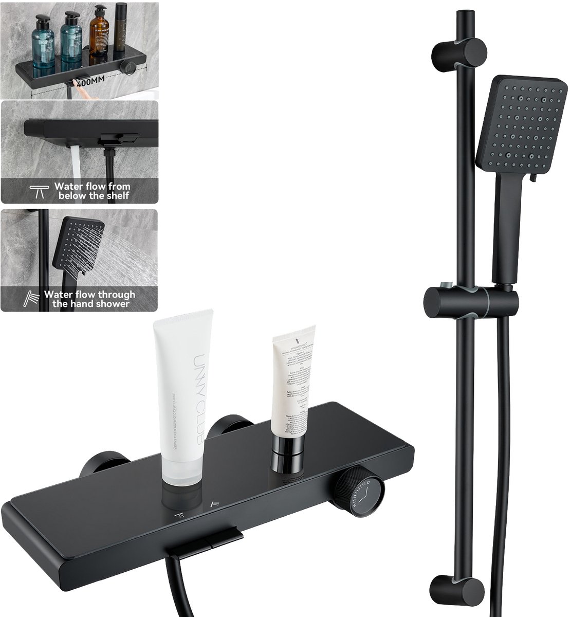 Auralum Max Badkraan Met handdouche - Zwart Doucheset - Douchekraan 2 Uitlaten - Waterval Badkraan Mengkraan - 40 cm Groot Plankje - 70 cm Verstelbare Glijstang - 6 Standen Douchekop - Waterbesparend - Zwart