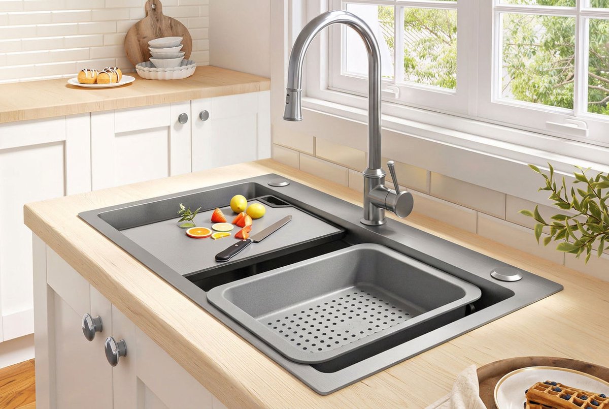 RVS spoelbak, met snijplank en binnenbak, inbouw gootsteen met PVD coating, grote RVS inbouw spoelbak 75x45cm met accessoires voor moderne keukens