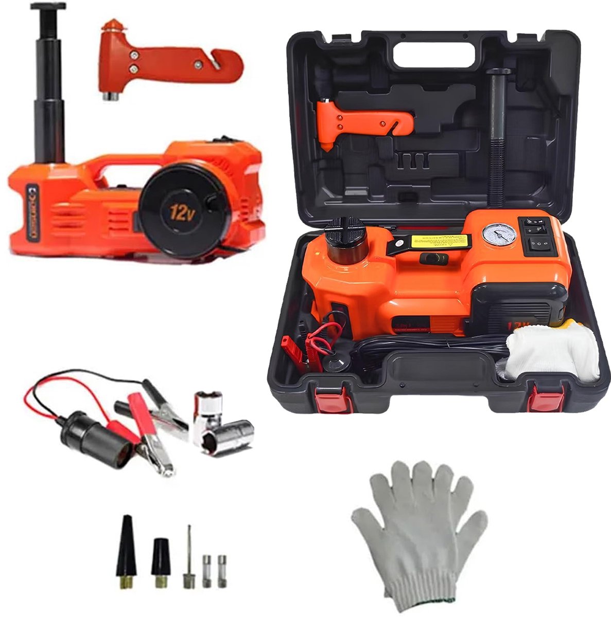 EAFC Elektrische 5-in-1 autokrik – 5 ton (5000 kg) – 12V hydraulische krik met compressor, verlichting en accessoires – ideaal voor garage, werkplaats en onderweg