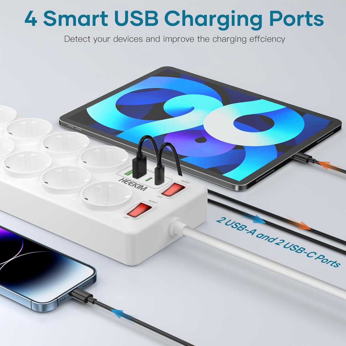 Thijox - Stekkerdoos met USB, 11-voudig Meervoudig Stopcontact met 2 USB-A en 2 USB-C Poorten, 4000 W, 16 A, Schakelaar, 2 m Verlengkabel, Wit voor Th