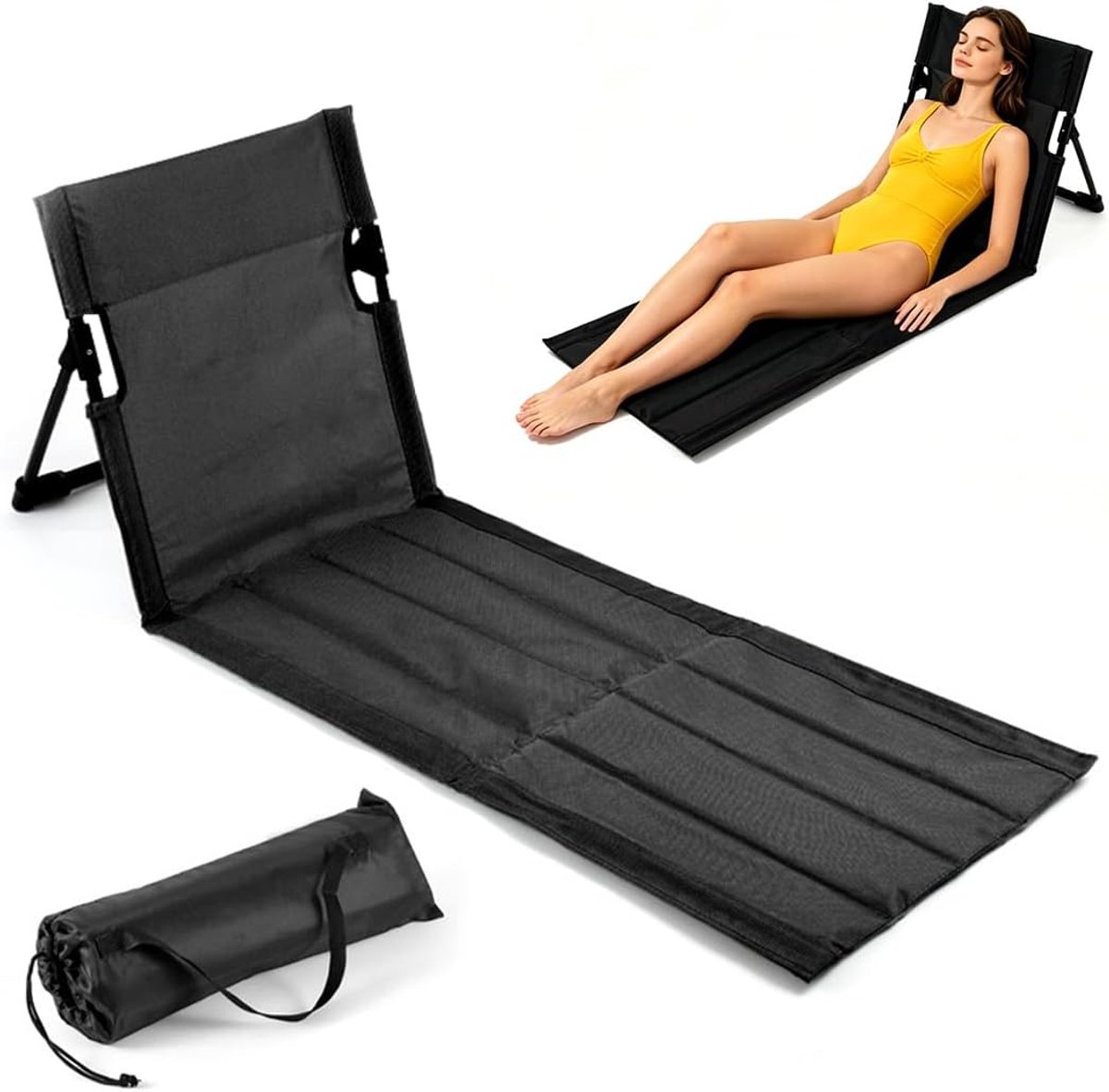 SnelShoppen - CEWROM Strandmat Inklapbaar met Verstelbare Rugleuning, Opvouwbare Strandstoel en Zonnebed voor Tuin, Camping, Picknick en Reizen - Zwar