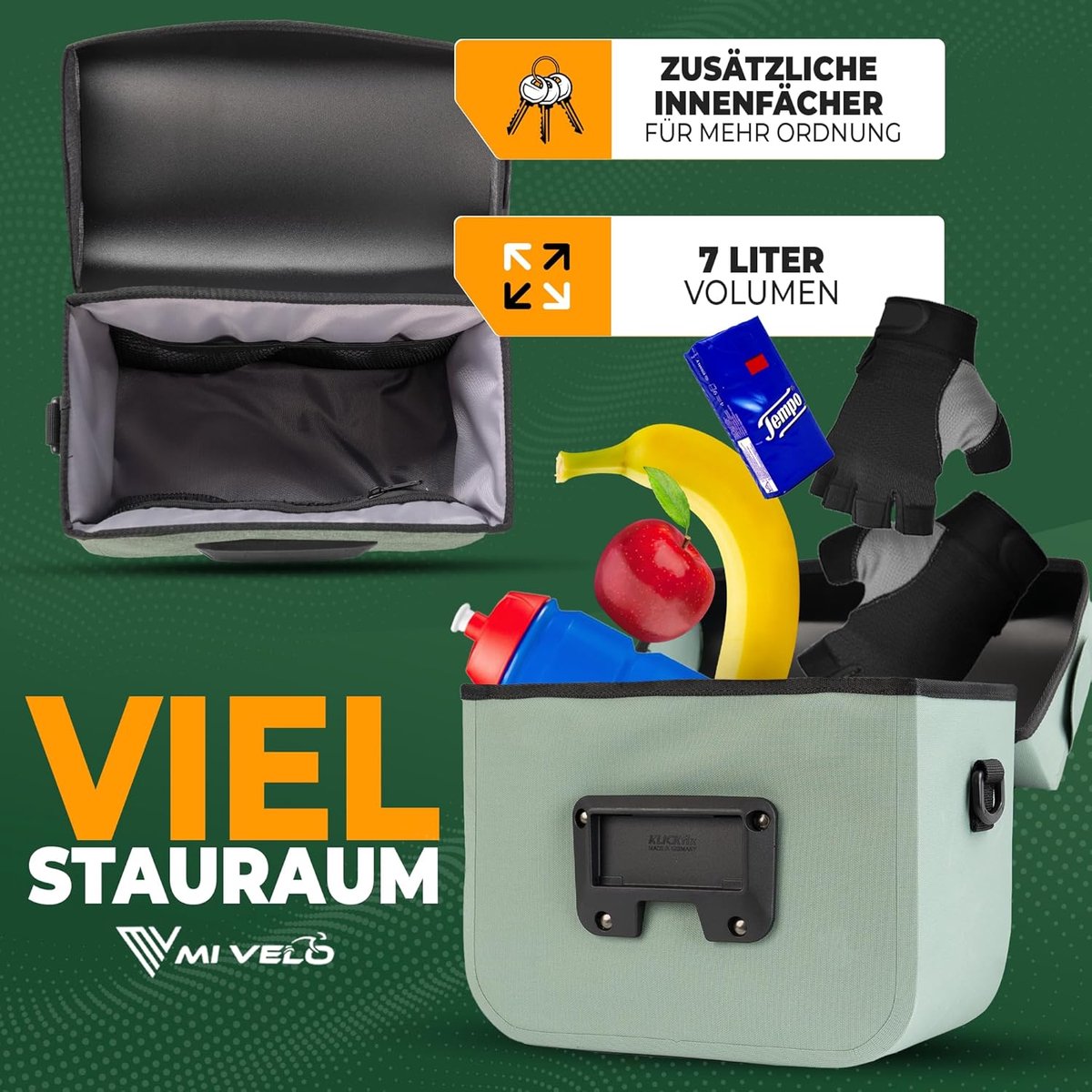 Thijox - MIVELO Klickfix Stuurtas voor Fiets, 100% Waterdicht, Afneembaar Mobiele Telefoonvak voor E-bike, Mint Groene Fietstas met Stuuradapter, Perf