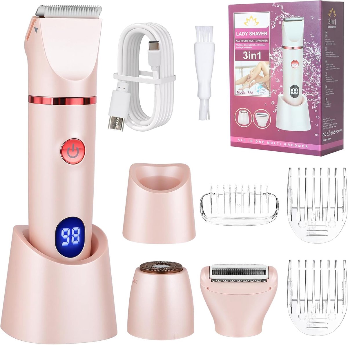 Thijox - Elektrisch Scheerapparaat Dames 3-in-1, Waterdichte Bikinitrimmer, Intieme Scheerapparaat voor Lichaam en Neus, Oplaadbare Trimmer voor Nat e