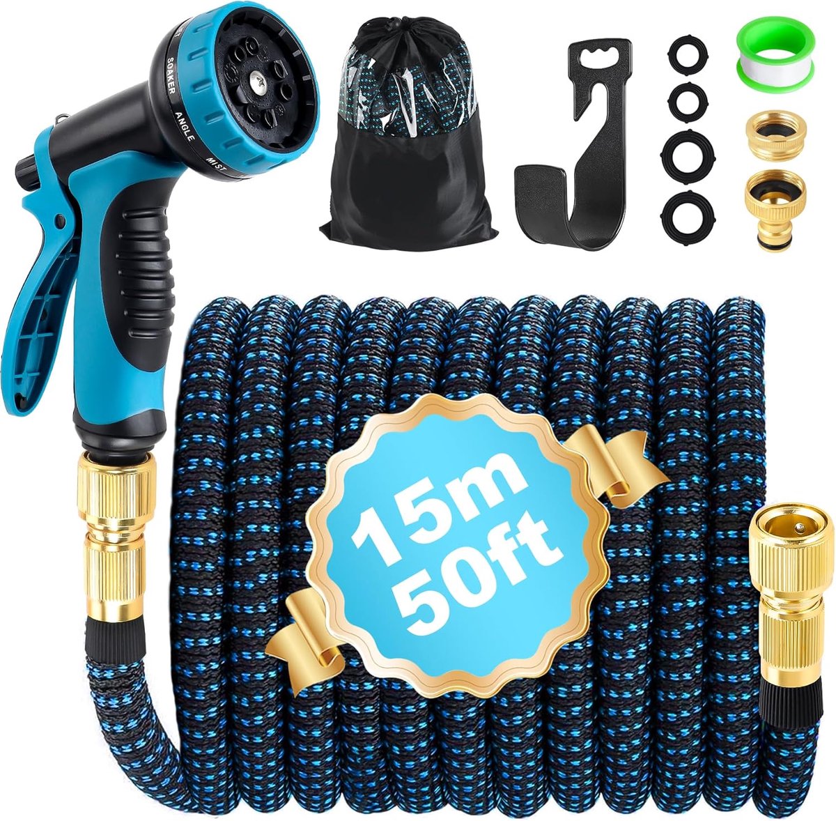 Thijox - Uittrekbare Tuinslang 15 m - Intrekbare Tuinslang met 10 Functies, Adapter 1/2 inch & 3/4 inch, Pistool en Houder - Perfect voor Tuinieren, I