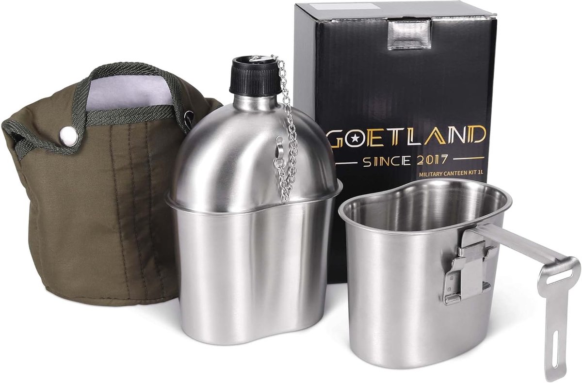 SnelShoppen - RVS Oorlog Canteen Kit - US Militair Canteen met Drinkbeker 1L + 0.5L Beker - Nylon Tas - Ideaal voor Camping, Outdoor en Avontuur