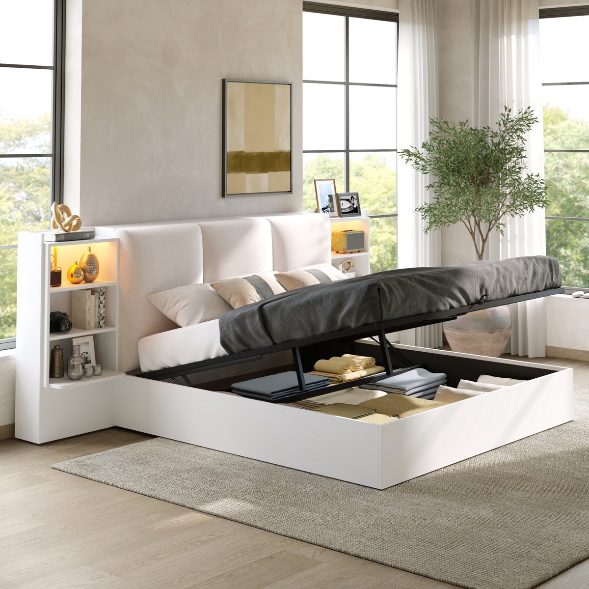 OKWISH Gestoffeerd Bed 180x200 cm - Tweepersoonsbed Met LED-Verlichting en Hydraulische Opbergruimte - 6 Opbergvakken - Wit - Zonder Matras