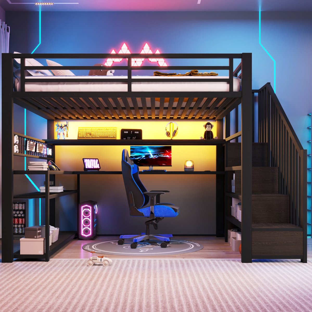 OKWISH Hoogslaper 140x200 cm - Met Ledverlichting en Bureau - Met Kledingkast en Opbergruimte - Metaal en MDF - Zwart - Zonder matras