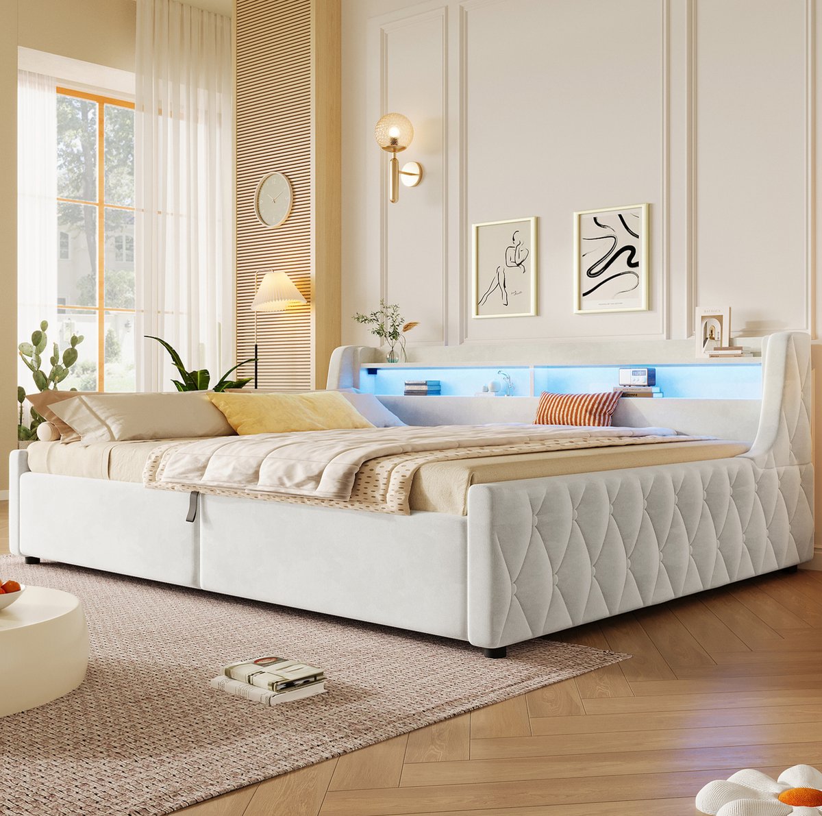 OKWISH Gestoffeerd Bed 140x200 cm - Met LED Hoofdbord en Hydraulische Opbergruimte - Normaal Bed - Voor Slaapkamer of Logeerkamer - Stof - Off White - Zonder Matras