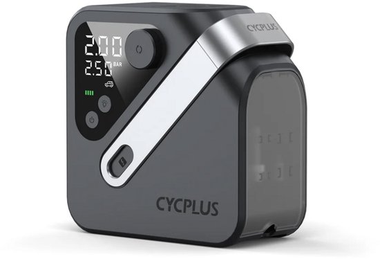 Zwarte CYCPLUS AL7 draadloze bandenpomp met een digitaal display met drukweergave.