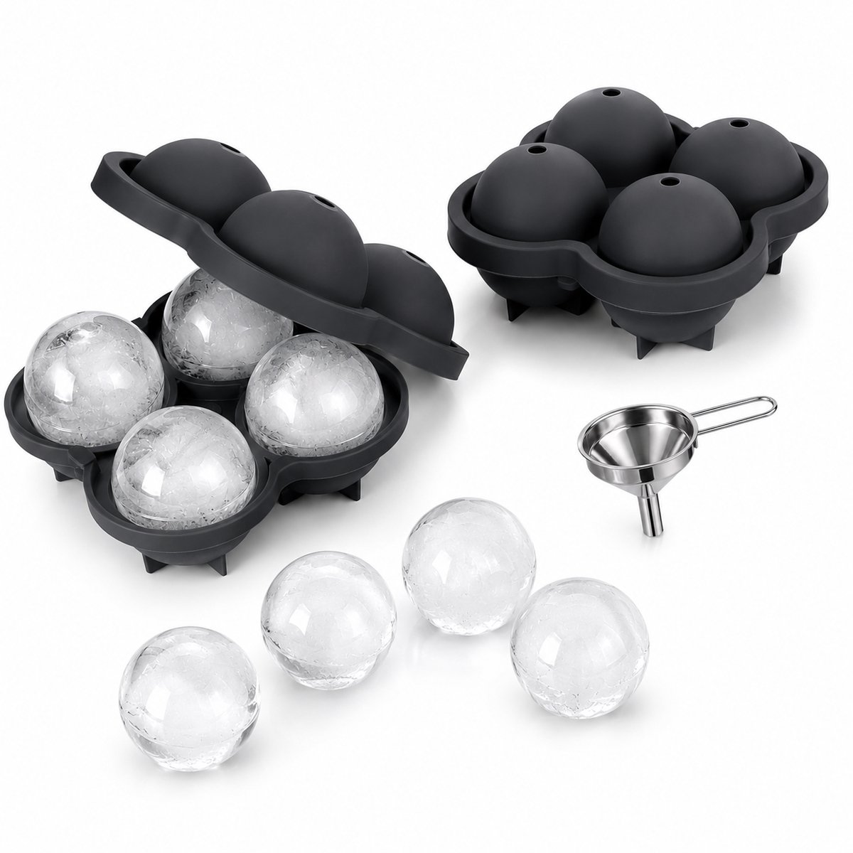 Benza – IJsbalvorm Set van 2 met RVS Trechter – Voor 8 Grote IJsbollen Ø 6 cm – Flexibele IJsblokjesmaker – Voor Whisky, Cocktails & Frisdrank