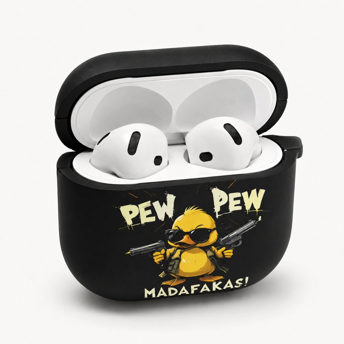 Enluxe Case geschikt voor Airpods 4 - Pew Pew Eend Cartoon - Zwart Hoesje, Schokbestendig & Draadloos Opladen