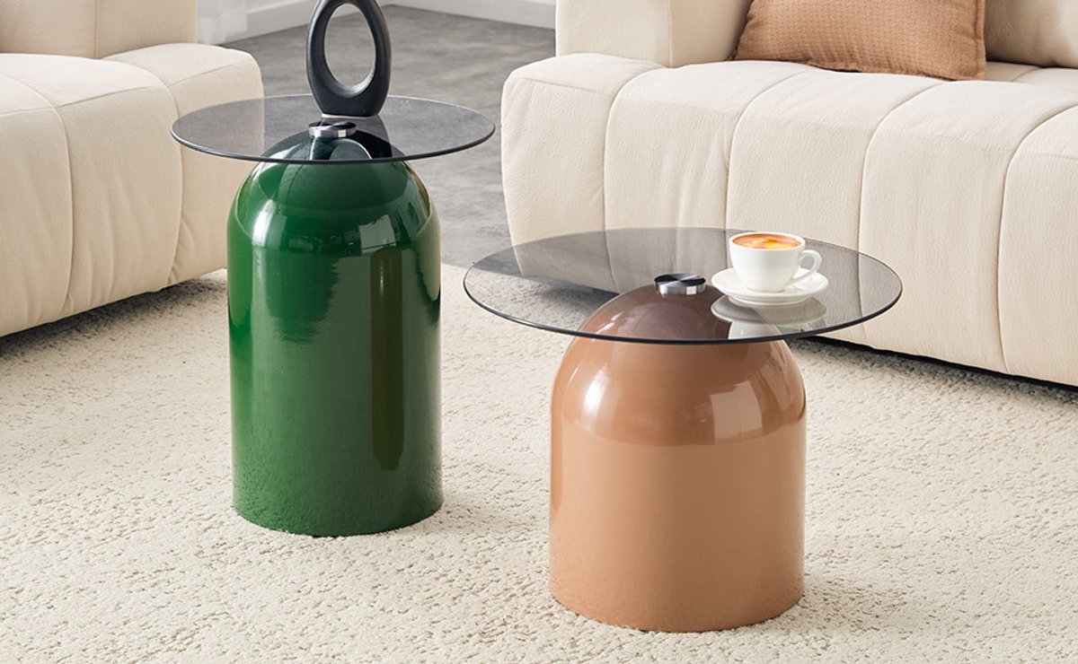OKWISH Salontafelset - 2-delig Rond Design Met Nestfunctie - Voor Woonkamer Slaapkamer en Kantoor - Gehard Glas Metaal - Groen Lichtbruin