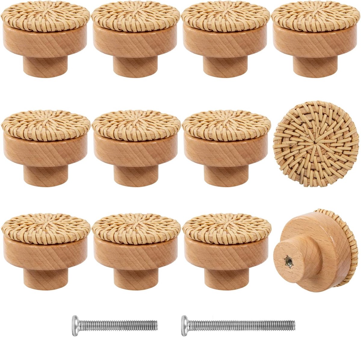 Boho Houten Ladenknoppen - 12 Stuks - Handgevlochten Rotan - Met Schroeven - Voor Kasten en Kindermeubilair