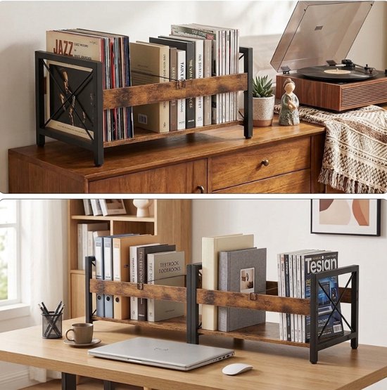 Kaëru Vinyl LP Opbergrek - Verstelbare Metalen Stang - Industriële LP Houder - voor 12 Inch Vinyl, Boeken - Vintage Bruin met Zwart Metaal - LP Opbergsysteem - Boekensteun — afbeelding 5