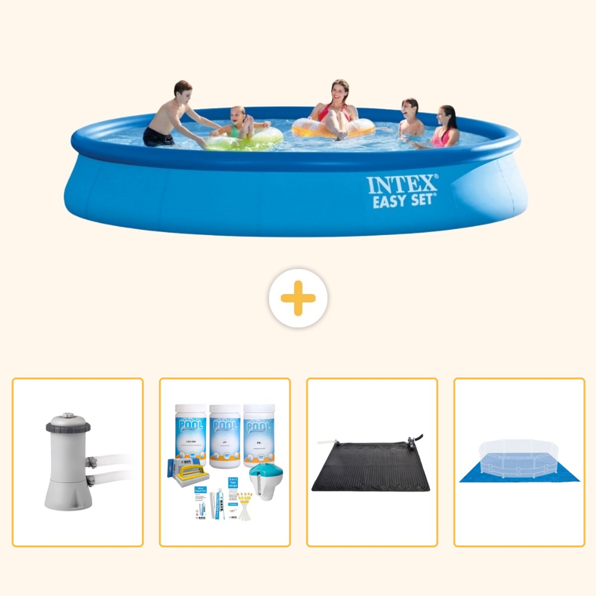 Intex Rond Opblaasbaar Easy Set Zwembad - 457 x 84 cm - Blauw - Inclusief Pomp - Onderhoudspakket - Solar Mat - Grondzeil - 5-delig