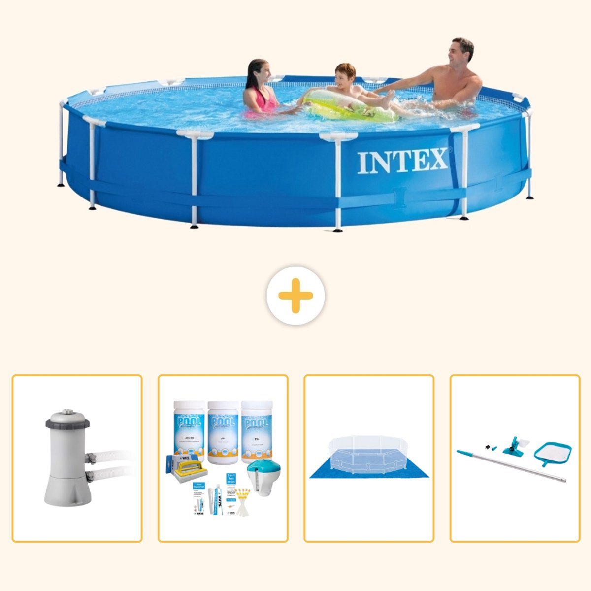 Intex Rond Frame Zwembad - 366 x 76 cm - Blauw - Inclusief Pomp - Onderhoudspakket - Grondzeil - Schoonmaakset - 5-delig