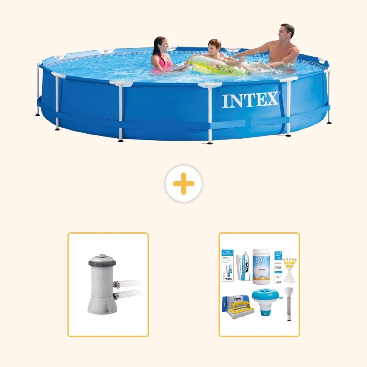 Intex Rond Frame Zwembad - 366 x 76 cm - Blauw - Inclusief Pomp - Onderhoudspakket - 3-delig