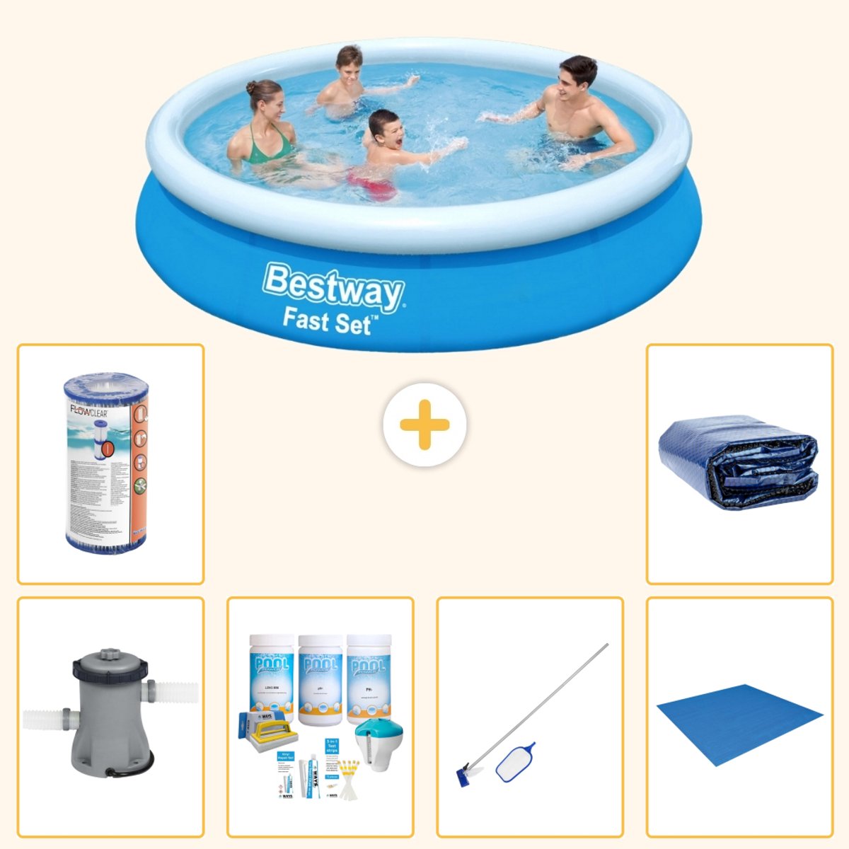 Bestway Rond Opblaasbaar Fast Set Zwembad - 366 x 76 cm - Blauw - Inclusief Pomp - Onderhoudspakket - Schoonmaakset - Grondzeil - Filter - Solarzeil - 7-delig