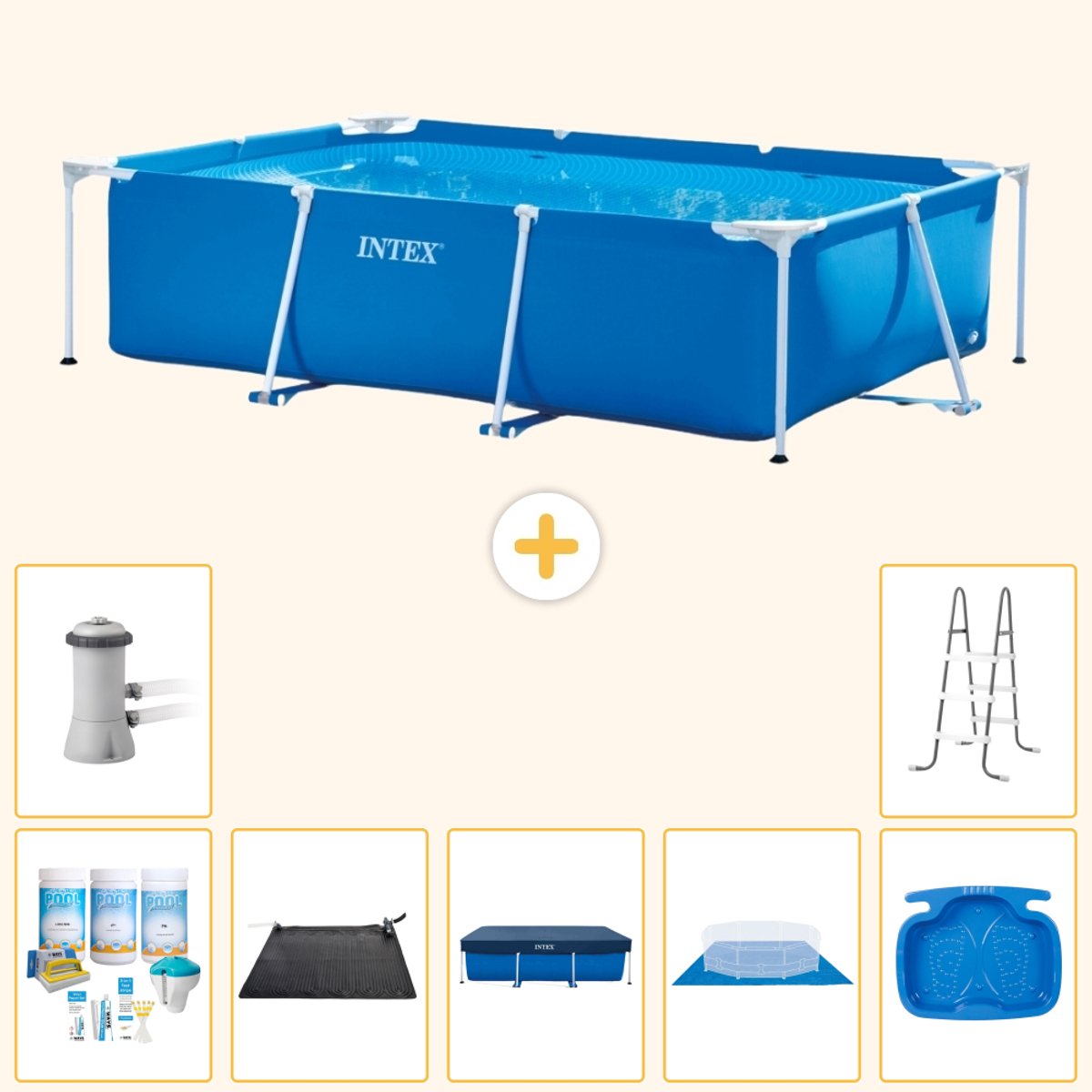 Intex Rechthoekig Frame Zwembad - 300 x 200 x 75 cm - Blauw - Inclusief Onderhoudspakket - Solar Mat - Afdekzeil - Grondzeil - Zwembadfilterpomp - Voetenbad - Ladder - 8-delig